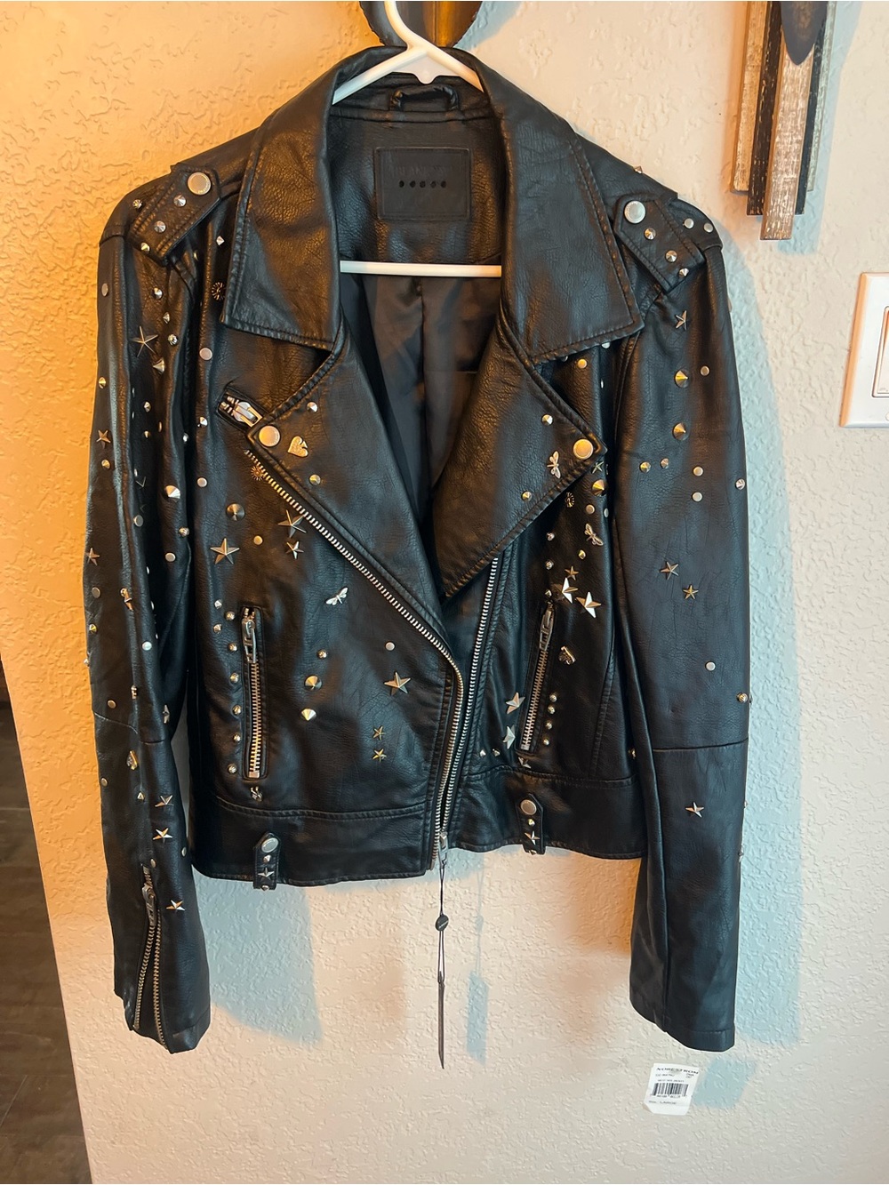 Blank NYC Black Leather Stud & Star Embellished Biker Jacket